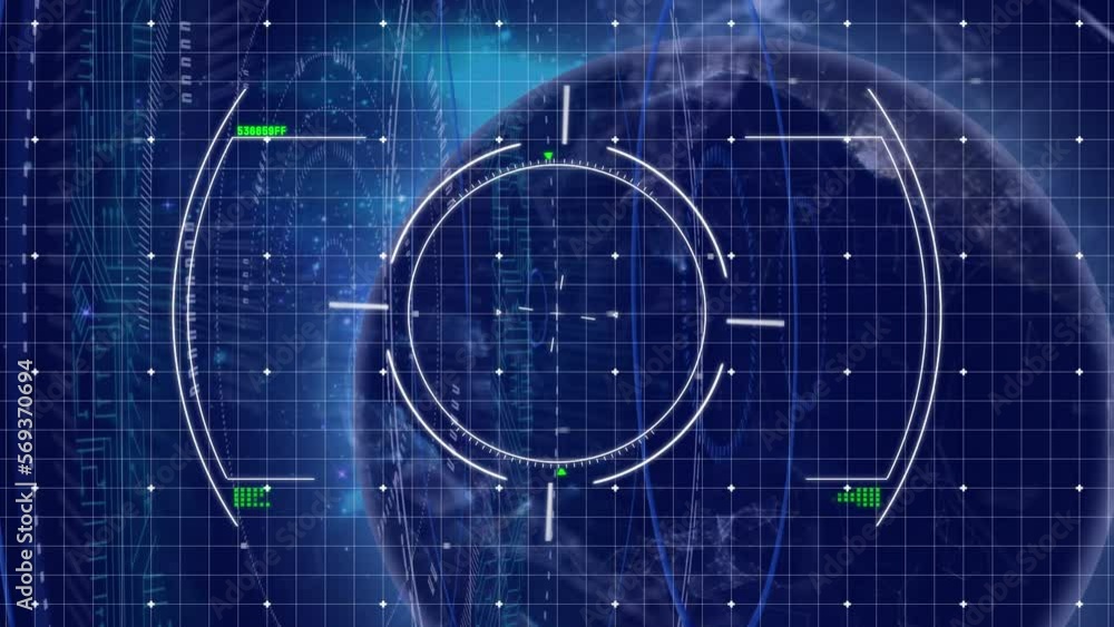 Poster animation of circles over grid pattern and circuit board pattern against rotating globe