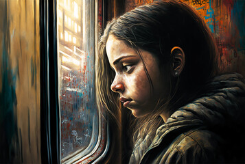 Homeless girl looking out of  train window generative AI	
