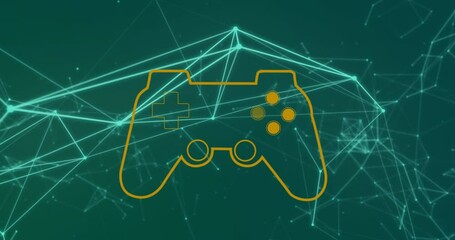 Animation of game controller over connected dots forming geometric shape against blue background - Powered by Adobe