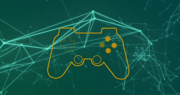 Animation of game controller over connected dots forming geometric shape against blue background