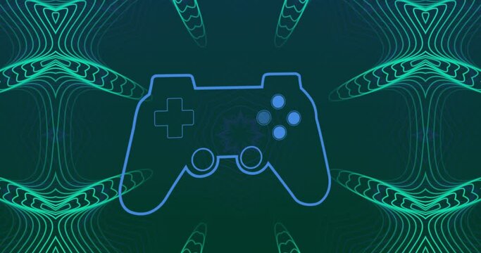Animation of game controller over abstract patterns against blue background