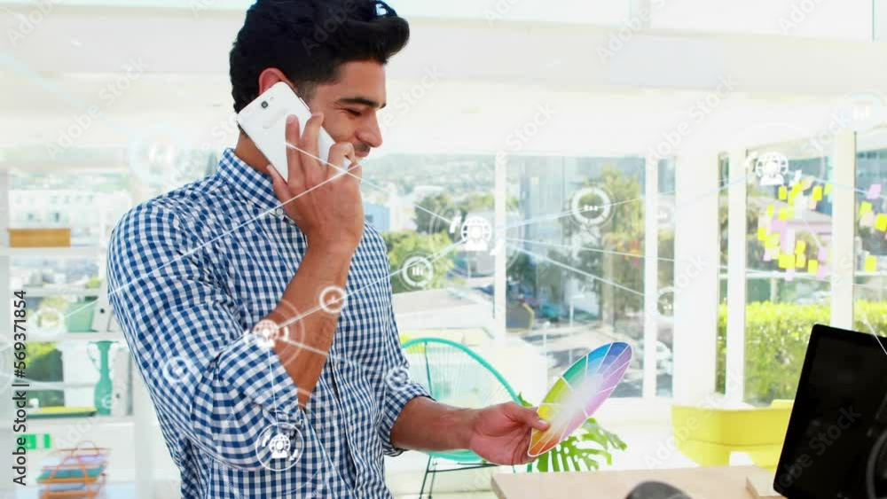 Poster animation of data processing with networks and icons over biracial businessman using smartphone