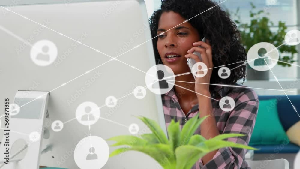 Poster animation of network of connections network of icons over businesswoman using network