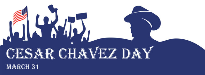 Banner for Cesar Chavez Day with protesting people on white background