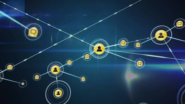 Animation of network of digital icons against light trails on blue background