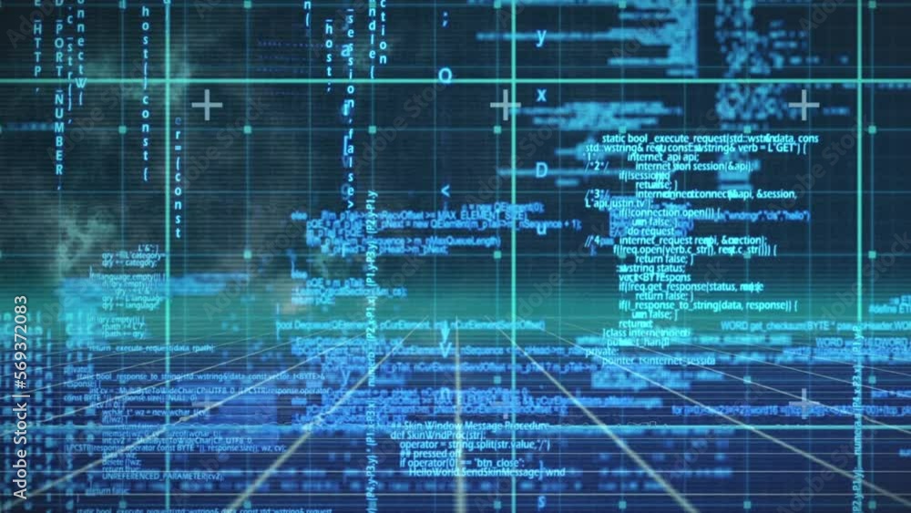 Poster animation of data processing over grid network against blue background