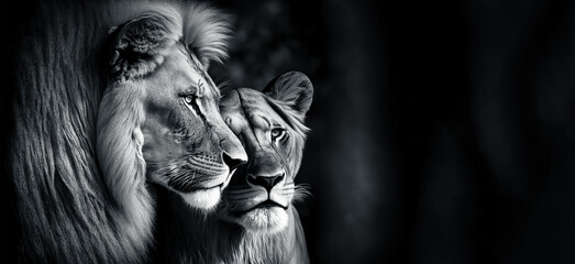 Majestic African lion couple loving pride. animal wildlife, copy space. digital ai art	 - obrazy, fototapety, plakaty