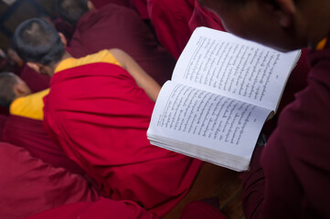 Monks at Buddhist ceremony;  Bhutan