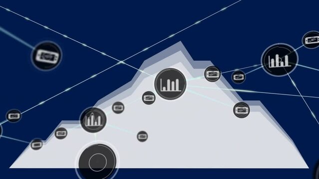 Animation of icons connected with lines over white mountain against blue background