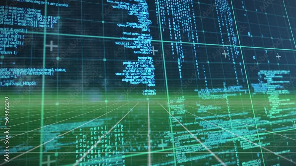 Poster animation of data processing over green grid network against blue background