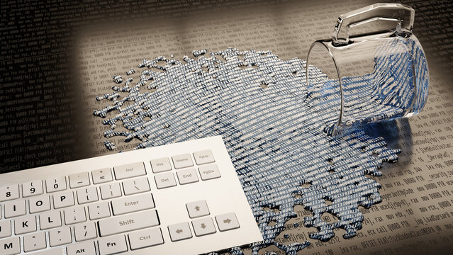 Clear mug that has spilled a liquid covered in binary digits next to a keyboard
