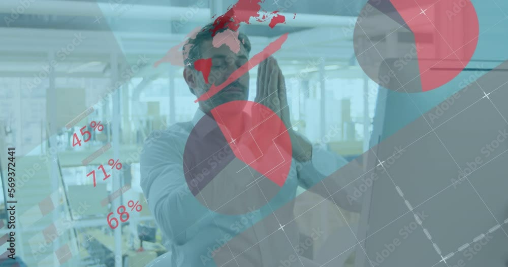 Poster animation of statistical data processing against caucasian man meditating at office