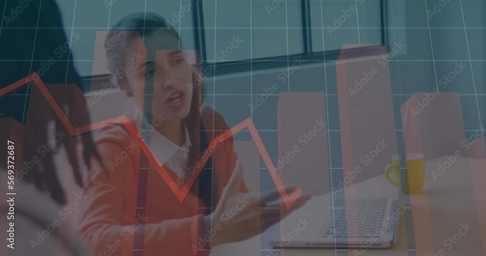 Poster animation of financial data processing with red line over diverse business people