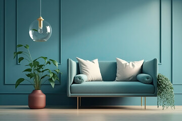 Modern living room with sofa, plants and hanging lamp with pastel color background Made With Generative AI