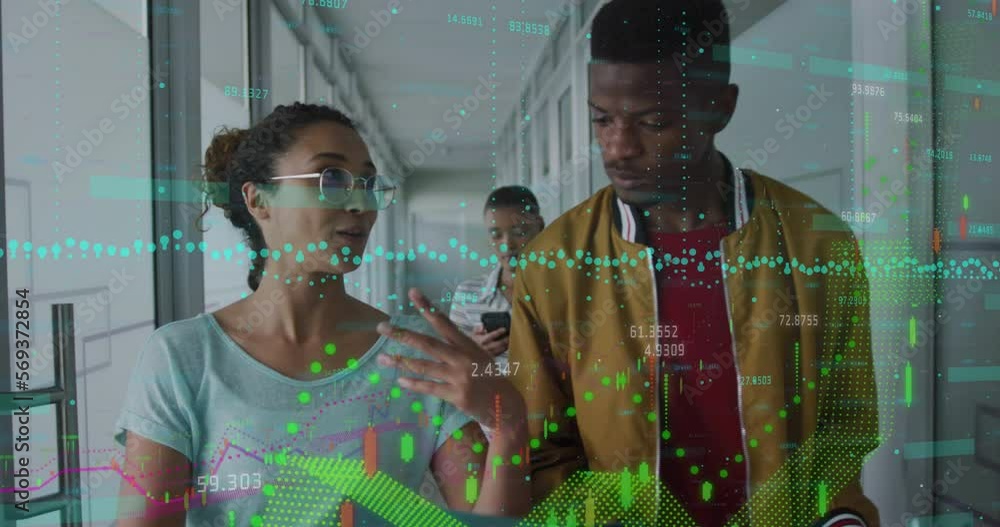 Poster animation of graphs with numbers over diverse coworkers sharing ideas while walking in corridor