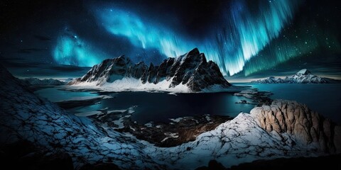 Naklejka premium Mountains with northern lights landscape