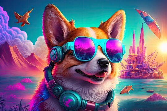 Corgi Dog in Mirror Sunglasses, Earphones and Cool Digital Collar on a Beach Paradise Island with 80s Vibe, AI Generative