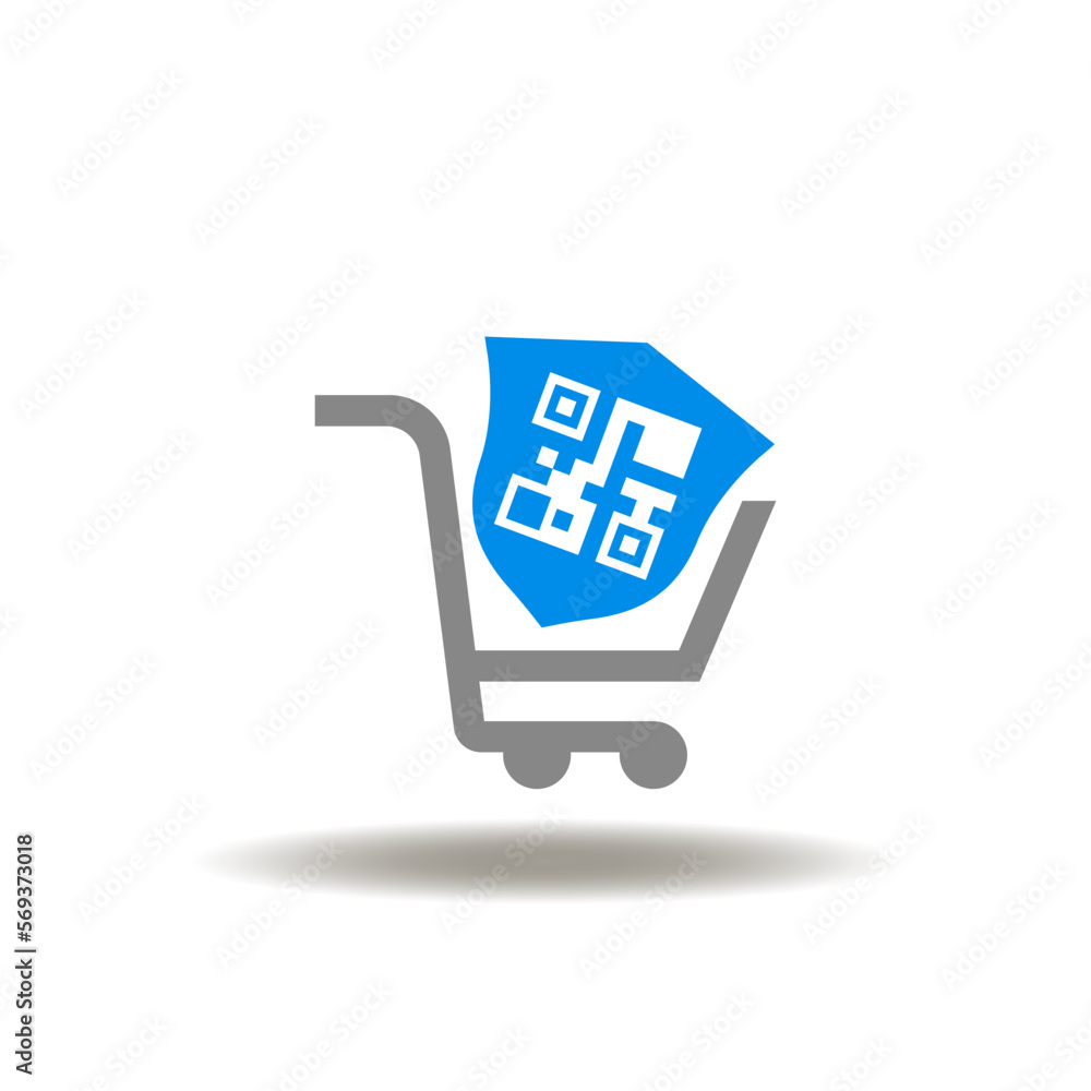 Poster vector illustration of shopping cart and shield with qr code. icon of online payment. symbol of secu