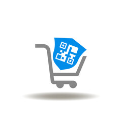 Vector illustration of shopping cart and shield with qr code. Icon of online payment. Symbol of security pay transaction technology.