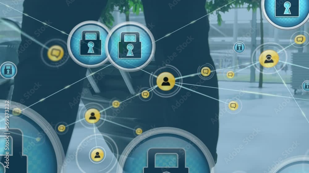 Aufkleber animation of icons connected with lines low section of businessman walking with suitcase
