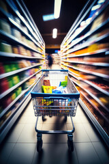 shopping cart supermarket blur background, AI