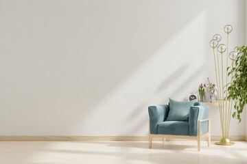 Wall mock up in warm tones with blue armchair on white wall background. - obrazy, fototapety, plakaty