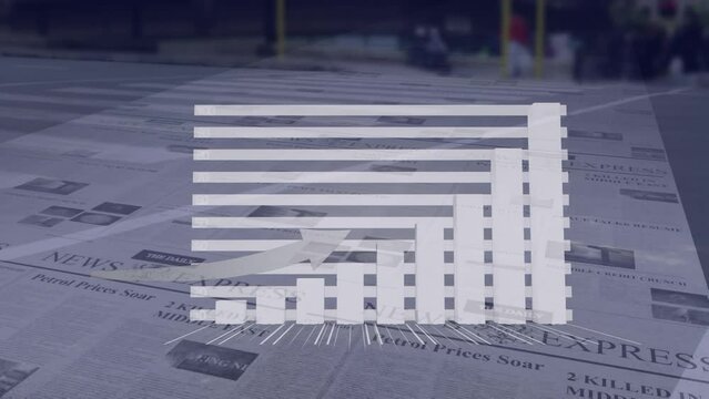 Animation of financial data processing with arrow over newspaper