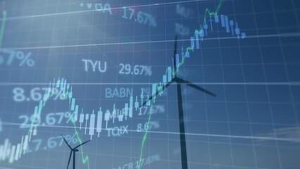 Animation of financial and stock market data processing over spinning windmills against blue sky - Powered by Adobe