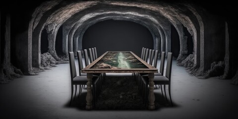 Long dining table geep underground, concept of Urban Exploration and Rustic Design, created with Generative AI technology