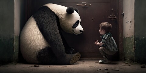 Panda as imaginary friend, concept of Fantasy Companionship and Anthropomorphism, created with Generative AI technology