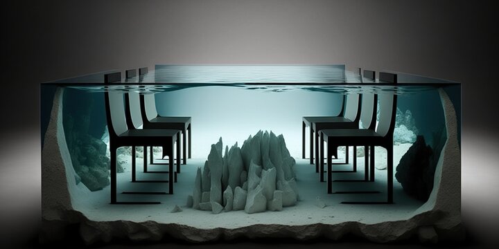 Long dining table geep underground, concept of Urban Exploration and Rustic Design, created with Generative AI technology