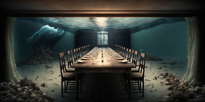 Long dining table geep underground, concept of Urban Exploration and Rustic Design, created with Generative AI technology