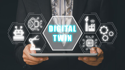 Digital twin business and industrial process modelling, Business woman using tablet with digital twin icon on virtual screen, innovation and optimisation. - obrazy, fototapety, plakaty