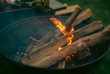 The smoking brazier of a round form. Firewood flares up in the brazier against the background of green grass. The concept of picnic, relaxation, grilling.