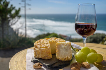 Tasting of tawny port wine and local portuguese matured cheese queijo serpa, Setubal area, Portugal - obrazy, fototapety, plakaty