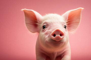 Detailed shot of a playful piglet with a pink snout, ears and hooves set against a solid pink background, generative ai - obrazy, fototapety, plakaty