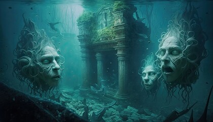 Stone Heads Floating Underwater