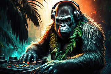 Gorilla DJ at a wild jungle party, generative ai - obrazy, fototapety, plakaty