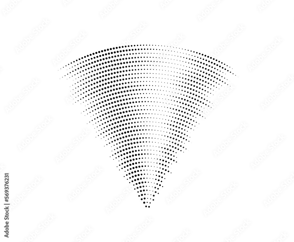 Poster Doted sound wave signal. Radio or music audio concept. Epicentre or radar icon. Textured radial signal or vibration elements. Impulse curve lines. Concentric ripple semi circles.