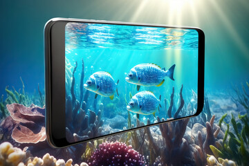 Cell phone under crystal-clear sea water in the sun. Mysterious undersea world. Perfect for advertising campaigns, social media posts and digital content. Based on Generative AI