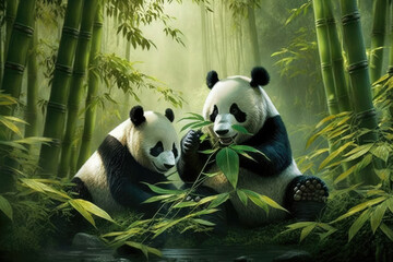 Panda bears having a bamboo feast in the forest, generative ai