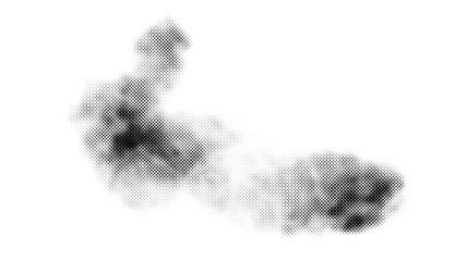 Halftone smoke texture. Black and white dotted fog cloud background. Comic and pop art style design element. Monochrome grunge abstract wallpaper. 