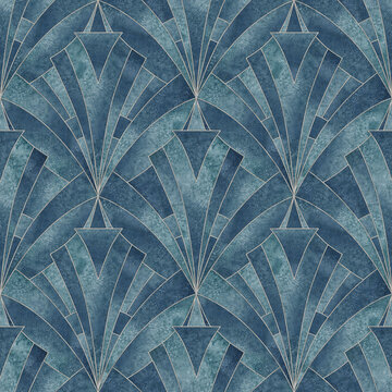 Art deco style geometric forms blue seamless pattern background