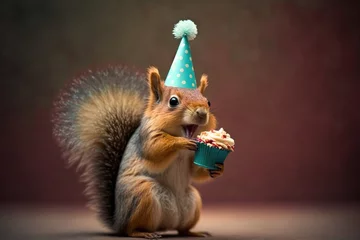 Fotobehang Squirrel holding party hat and cupcake, generative ai © aicandy