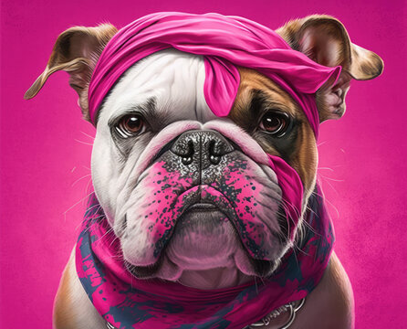 Stylized image of a brave bulldog with a hot pink bandana around its neck against a bright pink background, generative ai