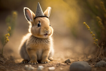 Naklejka na ściany i meble Adorable close-up of a baby rabbit in a celebratory hat, generative ai