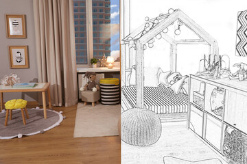 From idea to realization. Cozy children's room interior with house bed. Collage of photo and sketch