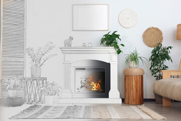 From idea to realization. Cozy living room interior with fireplace and houseplants. Collage of...