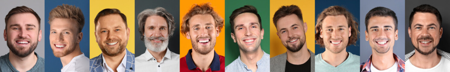 Set with portraits of happy men on different color backgrounds