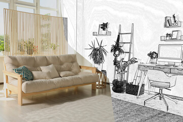 From idea to realization. Stylish apartment interior with combined living and work areas. Collage...